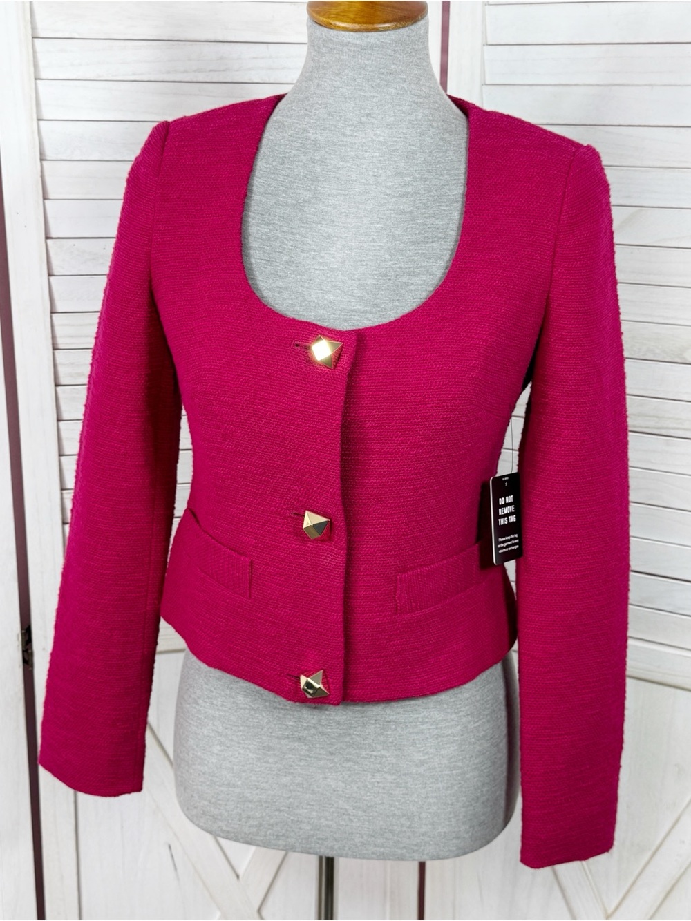 Express‎ Boucle Scoop Neck Crop Blazer Jacket Dark Pink XS Preppy Chic